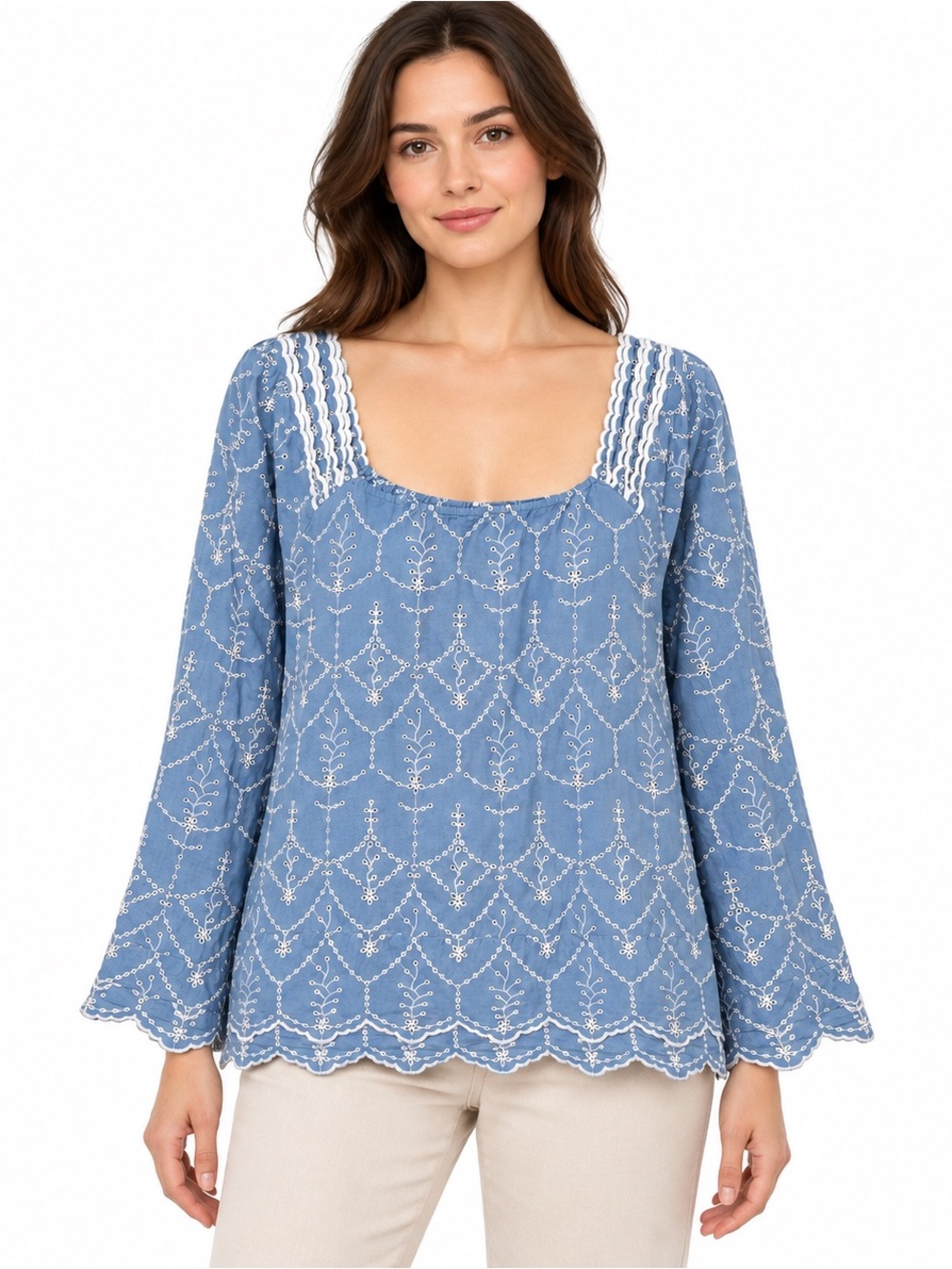 44. Caslon • Blue Embroidered Square-Neck Blouse